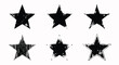 © Tanska - Six unique distressed black star shapes with grunge textures, perfect for festive holiday designs, evoking a merry Christmas spirit, perhaps with a tree, deer, or elk.