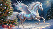© ShaNeT - Unicorn with wings running in snow by Christmas tree at night