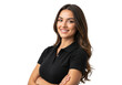 © shahida  - Smiling young woman with long wavy brown hair wearing a black polo shirt arms crossed isolated on transparent background