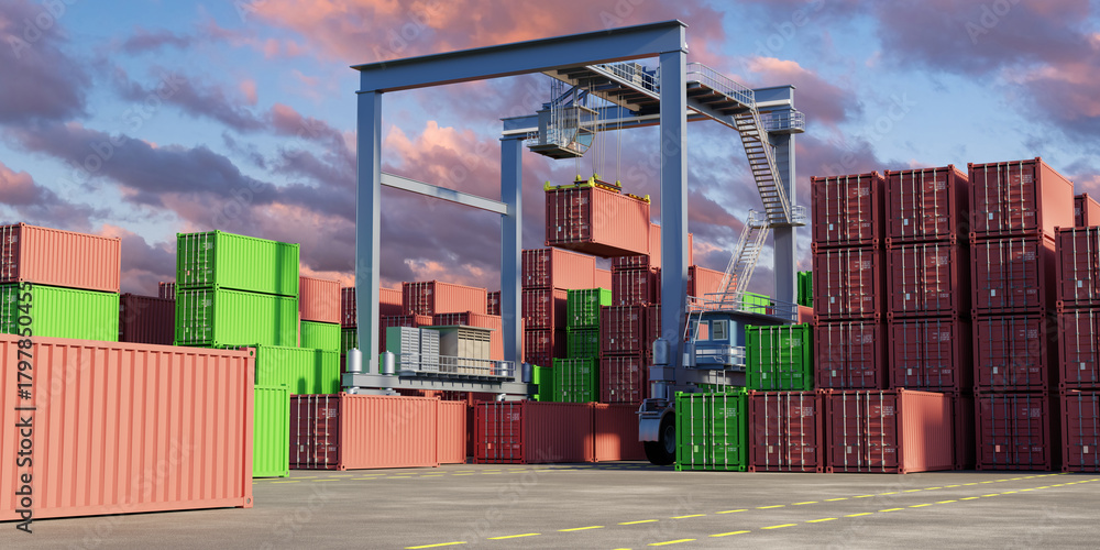 Container crane lifting cargo containers in a busy shipping yard at ...