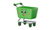 © Vibu design  gallery - A cute, happy 3D green shopping cart with a friendly face, big eyes, and heart cheeks, perfect for e-commerce, sales, or children's themes. background removed