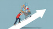 © Md. Tanjim Tanvir - Man pushing shopping cart full of goods up arrow, symbolizing consumerism, inflation, economic challenges, and the rising cost of living
