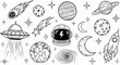 © RIMON - Hand drawn sketch of space elements including planets ufo astronaut helmet comets and stars