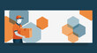 © Nurhasana - Delivery service illustration with courier holding package against abstract hexagon background