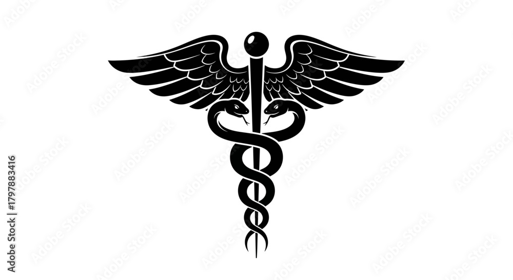 Black and white depiction of a Caduceus symbol, featuring two snakes ...