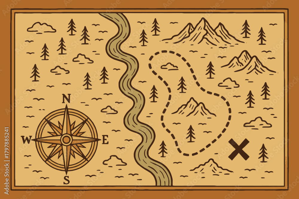 Vintage hand drawn treasure map with compass mountains river and an x ...