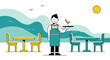 © David - Waiter serving cocktail at outdoor restaurant with tables and sea view illustration