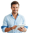 © Man PNG - Smiling man holding tablet isolated on transparent background