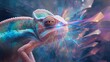 © Constantine Art - Iridescent Chameleon Emitting a Laser Beam from its Nose Amidst Shattered Prismatic Light, Showcasing Futuristic Vision and Digital Energy
