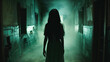 © Domingo - Ghostly female silhouette of a girl standing in abandoned hospital corridor with eerie green fog and atmospheric lighting creating suspenseful horror ambiance