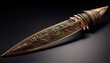 © Ina - ornate bronze arrowhead with intricate wood shaft displaying ancient decorative patterns