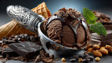 Close Up Still Life of Single Scoop of Rich Chocolate Ice Cream with Chocolate Shavings on White Background