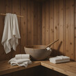 © Timothy - Rustic wooden shelf with a large bowl, towels, and a wooden spoon in a spa or sauna.