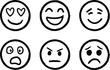 © PixelOriel - Set of six hand drawn cartoon smiley face emoticons expressing various emotions like love joy surprise anger and sadness