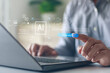 © THAWEERAT - AI generation technology concept with person typing on laptop, surrounded by digital AI icons, artificial intelligence tools for daily content creation and productivity. Unlock work potential with AI.