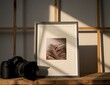 © NurUl - Artistic still life with camera, framed botanical print, and dramatic window light.