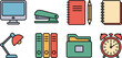 © MstMonjila - Flat Outline Vector Icon Set of Essential Office Supplies and Desktop Items: Computer Monitor, Stapler, Notebook, Binders, Desk Lamp, File Folder, and Alarm Clock, Representing Work and Education