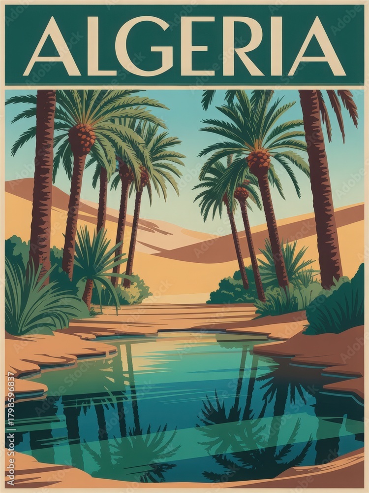This artwork showcases a serene oasis in Algeria, framed by tall palm trees and golden sand dunes. The calm water reflects the vibrant colors of the surrounding nature, creating a tranquil setting.