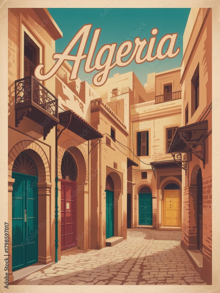 A charming alleyway in Algeria features well-preserved buildings with traditional architecture. Brightly painted doors and intricate balcony designs create a lively atmosphere under a clear sky.