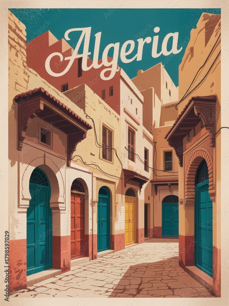 This colorful alleyway in Algeria features historic buildings with ornate doors.