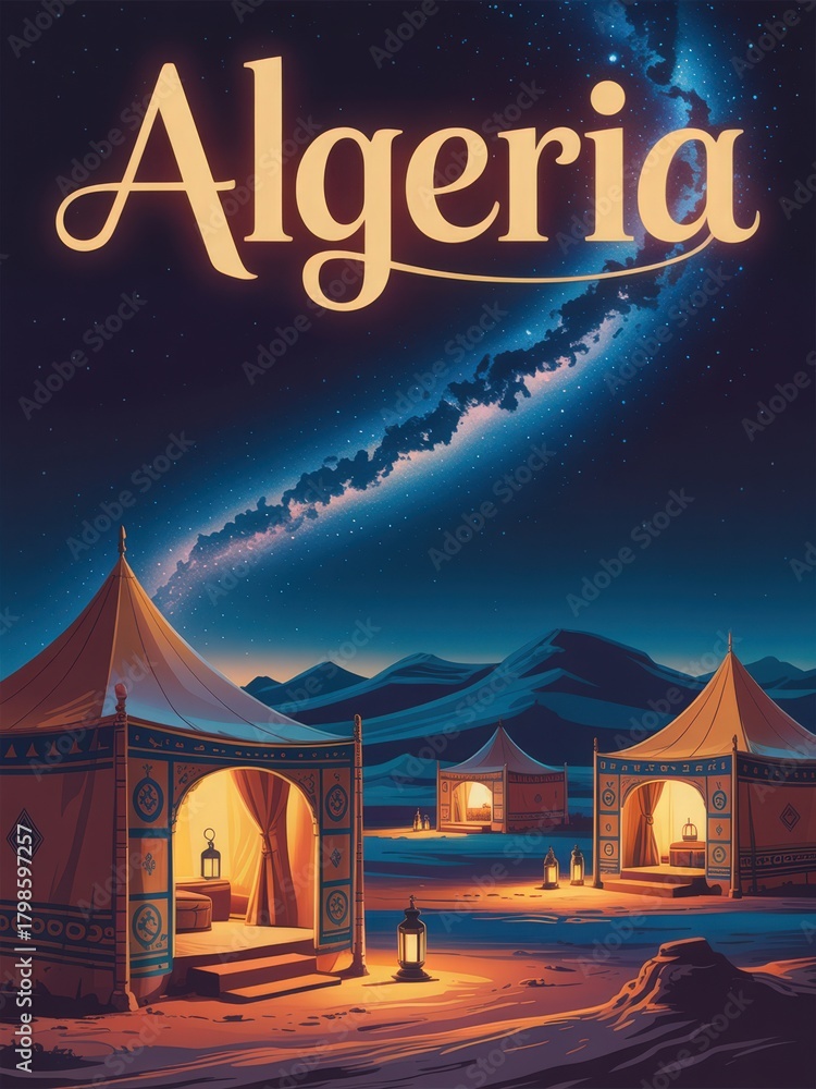 In a serene desert landscape, traditional tents glow warmly with lantern light. The night sky is filled with stars, showcasing the beauty of Algerias vast desert.