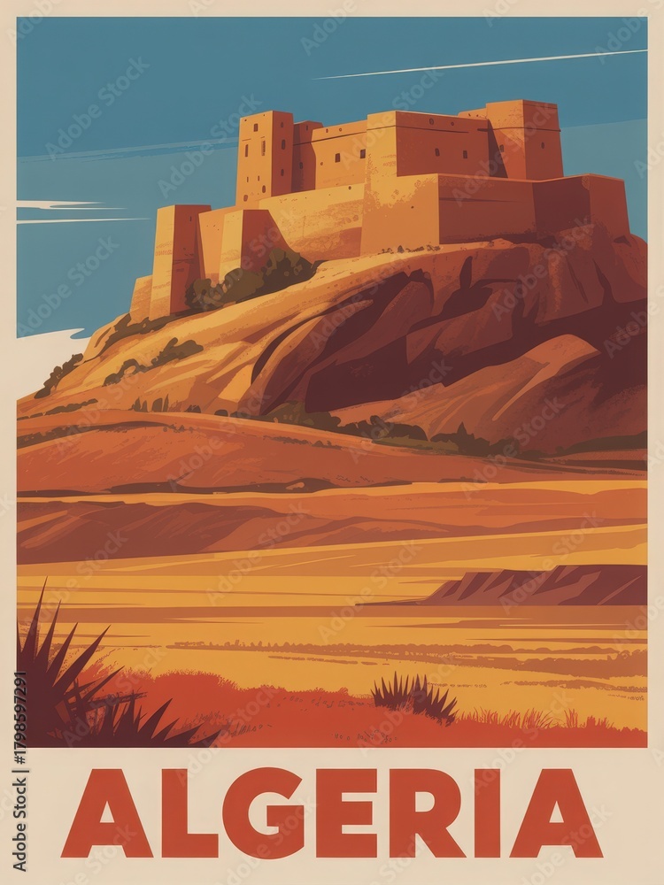 A striking fortress sits atop a rocky hill in Algeria, surrounded by vast desert land and mountains. The warm colors highlight the natural beauty and the grandeur of the structure.