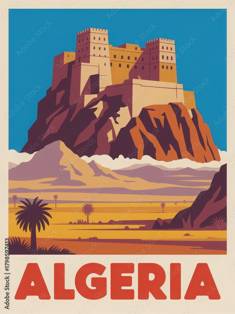 A majestic fortress sits atop a rocky mountain in Algeria, surrounded by golden sands and palm trees. Vibrant colors highlight the desert landscape, inviting exploration and adventure.