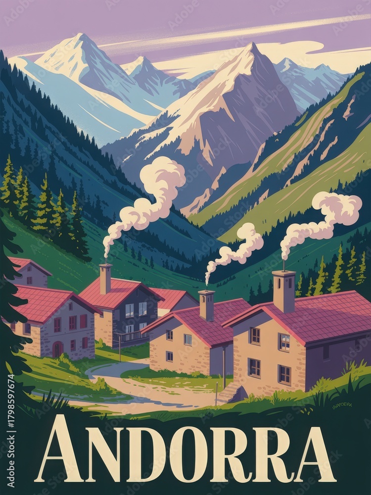 Charming houses in a valley with smoke rising from chimneys, framed by tall, snow-capped mountains. The lush greenery hints at autumn colors, creating a serene atmosphere.