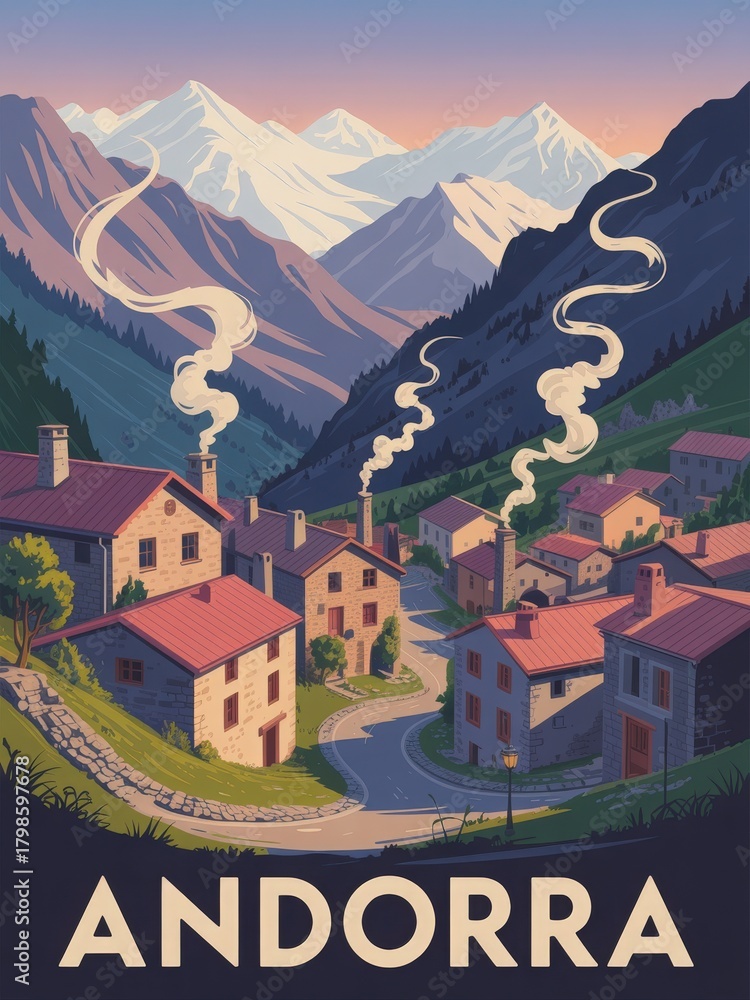 A picturesque village in Andorra is surrounded by tall mountains as the sun sets. Smoke rises from chimneys, creating a cozy atmosphere in this quiet, idyllic setting.