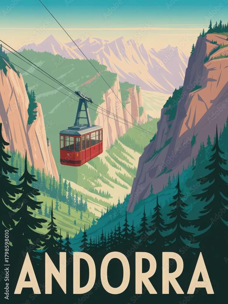 A red cable car travels along a cable high above a lush green valley in Andorra. Towering mountains surround the area, creating a stunning landscape filled with trees.