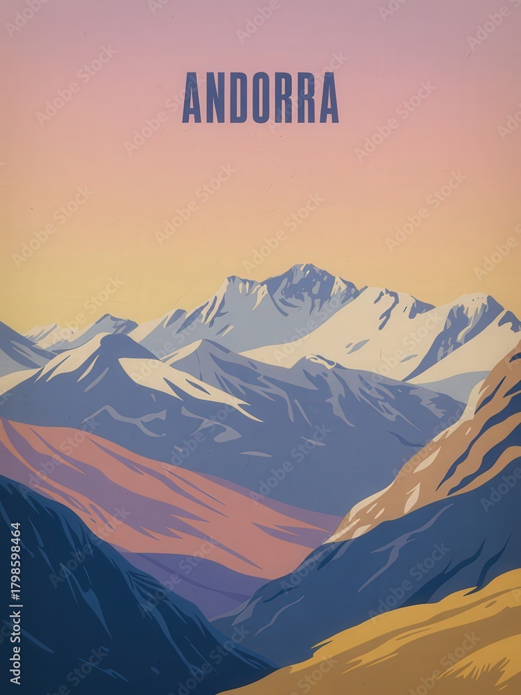The breathtaking landscape of Andorra showcases towering snow-capped mountains bathed in soft pastel hues during sunset. Rolling hills lead into the expansive peaks, creating a serene atmosphere.