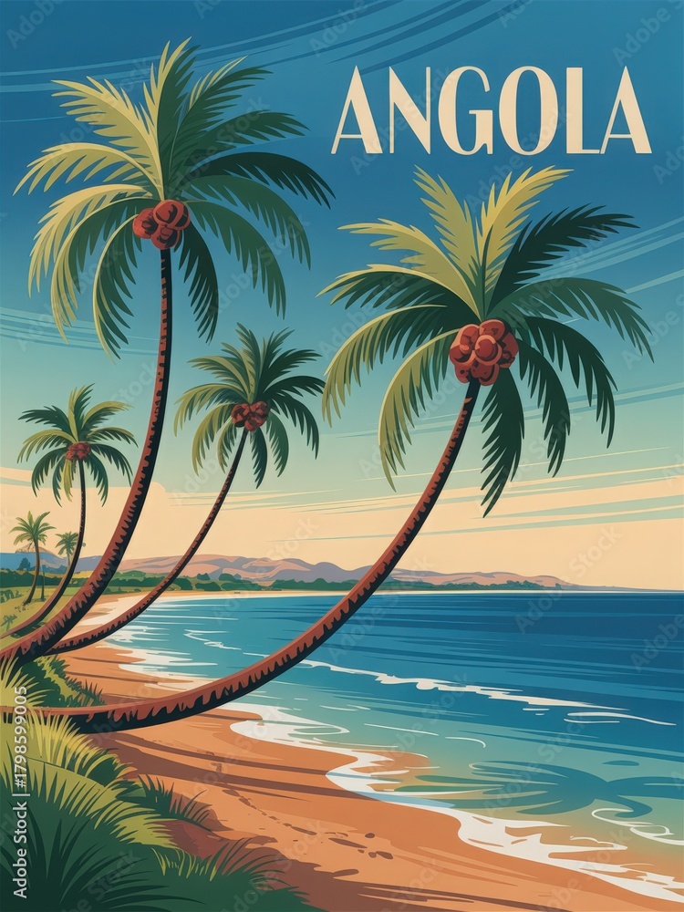 This artwork features a serene beach in Angola, showcasing tall palm trees leaning towards the ocean. Gentle waves lap at the sandy shore under a bright blue sky, suggesting a peaceful afternoon.