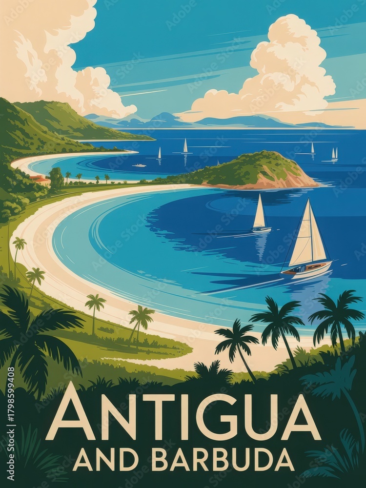 This vibrant coastal view showcases the stunning beaches of Antigua and Barbuda, with lush greenery, clear blue water, and sailing boats peacefully gliding across the bay under a bright sky.