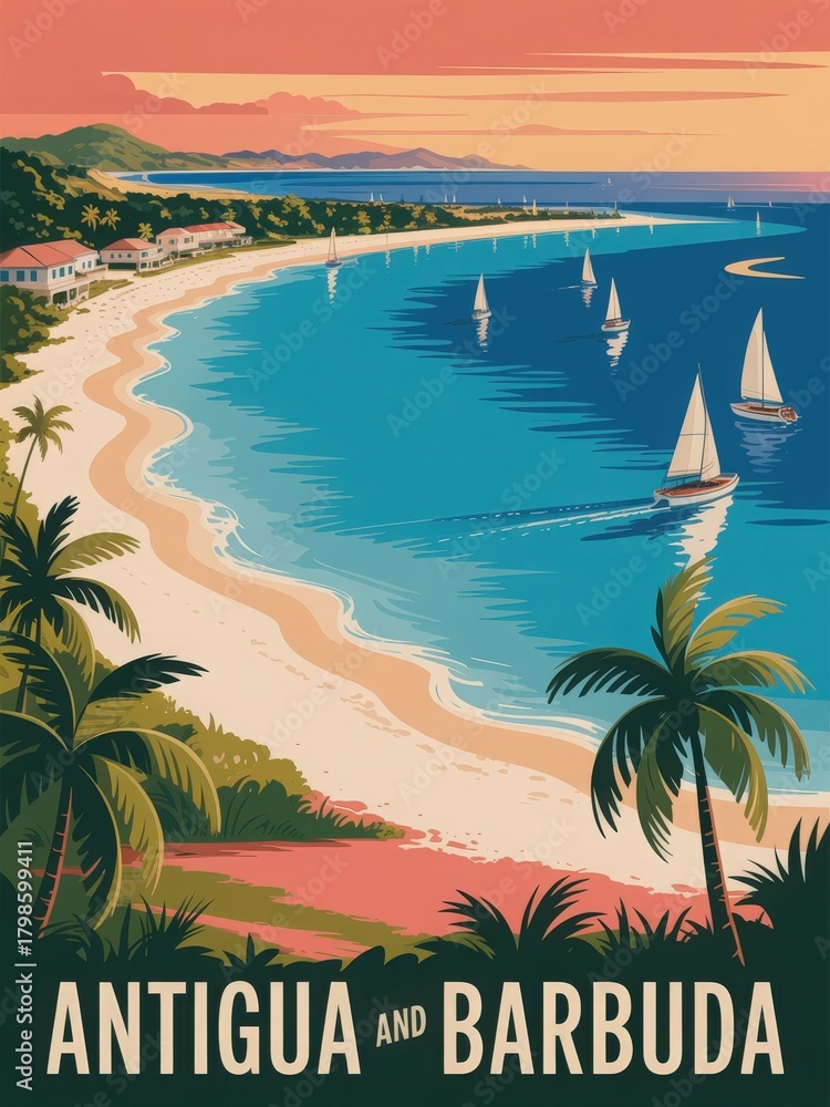 Calm waters reflect the warm colors of sunset along the coastline of Antigua and Barbuda. Sailboats glide peacefully in the distance, nestled among lush greenery and sandy beaches.