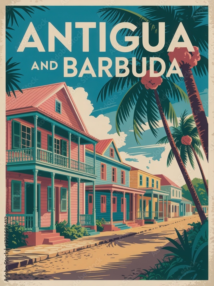 Colonial-style houses in vibrant colors line a peaceful street in Antigua and Barbuda. Lush palm trees sway gently under a clear blue sky, creating a tropical atmosphere.