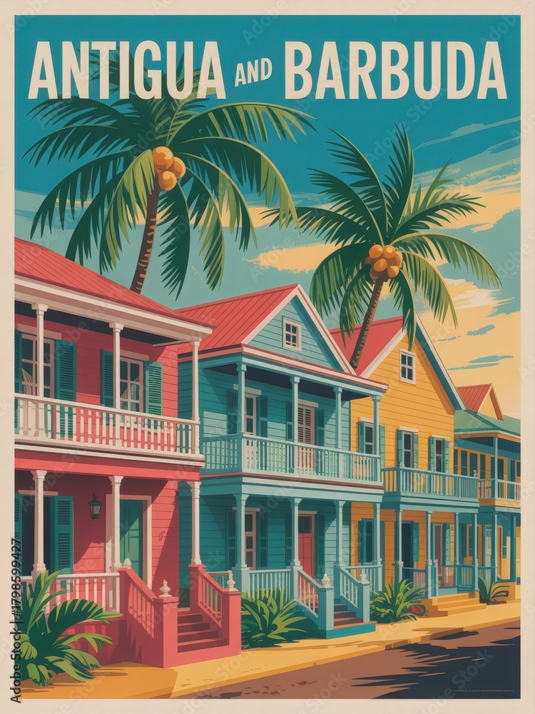 Brightly colored colonial houses line the street in Antigua and Barbuda, surrounded by tall palm trees. The warm sun casts shadows, creating a picturesque tropical scene.