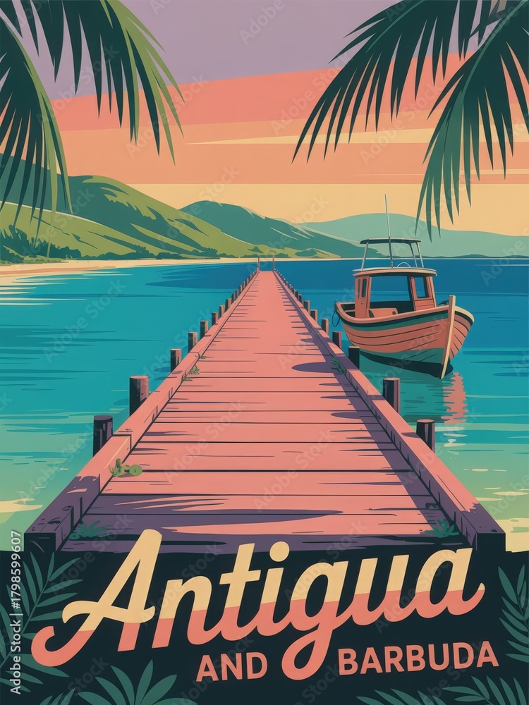 A scenic wooden pier stretches into clear waters, framed by palm trees and gentle hills. A small boat rests nearby as the sun sets, casting warm colors across the sky.