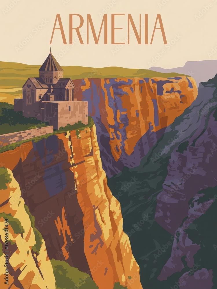 This scene showcases a breathtaking view of Armenias cliffs with a historic church perched on the edge. The warm colors of the landscape highlight the natural beauty of the region.