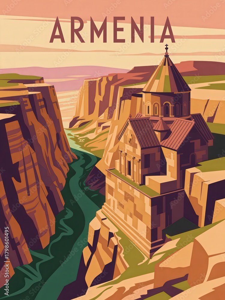 A stunning view of historic Armenian architecture set against a dramatic canyon landscape. The building stands majestically near the flowing river, highlighting natural beauty at sunset.