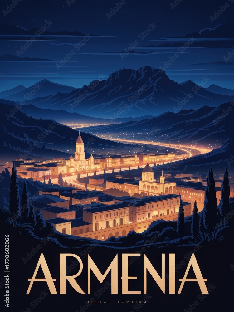 A stunning view shows the city of Armenia illuminated at night. The warm glow of city lights contrasts with the dark mountains in the background, creating a picturesque scene of tranquility.
