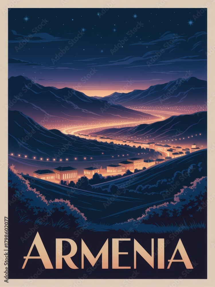 A stunning view of Armenia at night showcases a winding river illuminated by town lights. Mountains rise in the background under a blanket of stars, creating a serene atmosphere.
