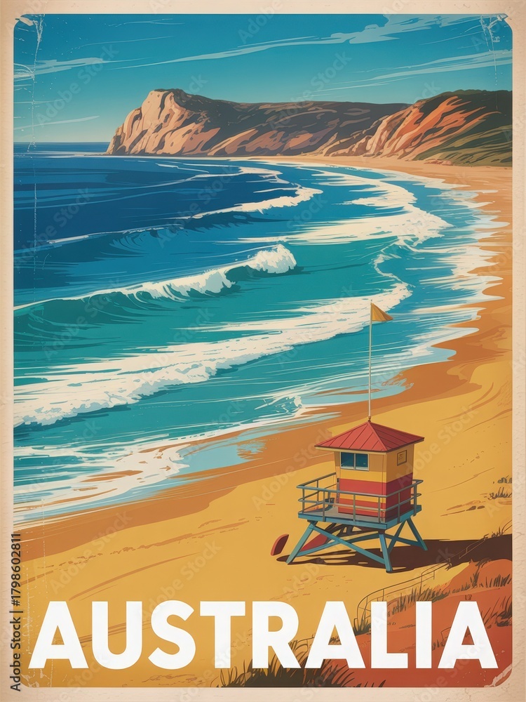 A beautiful coastal scene in Australia shows gentle waves crashing onto the sandy beach. A colorful lifeguard station stands watch, enhancing the serene atmosphere of the seaside.