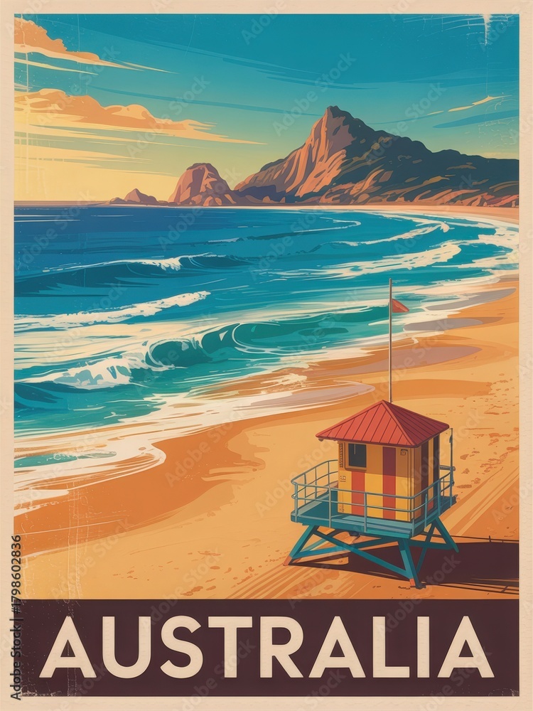 A sunny beach in Australia features gentle waves and a colorful lifeguard tower. The scene captures distant mountains under a clear blue sky during a warm day.