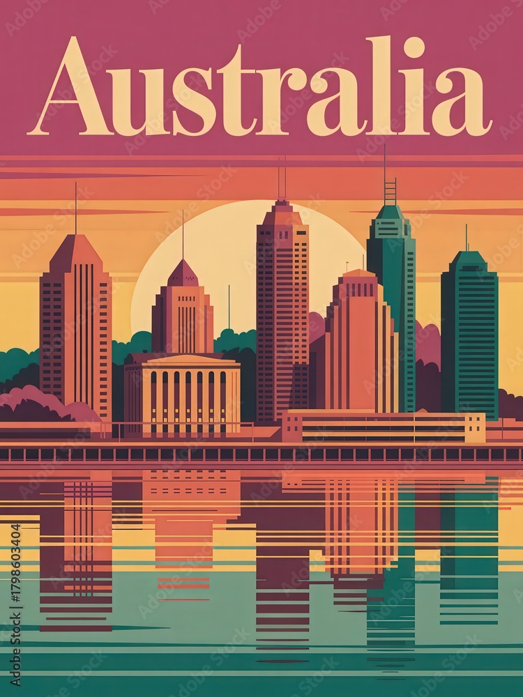 A skyline showcases modern buildings of an Australian city during sunset. The warm colors of the sky reflect on the water below, creating a striking visual contrast.