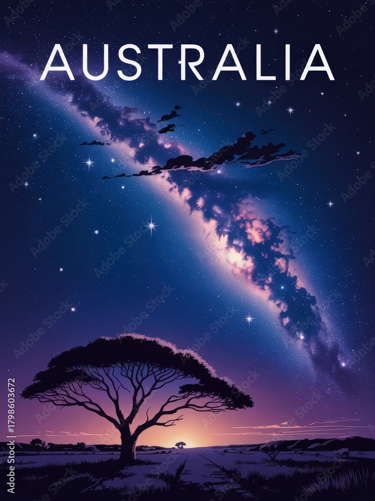 A beautiful scene in Australia features a silhouetted tree against a vivid night sky filled with stars and a spectacular galaxy. The horizon glows with warm colors as night falls.