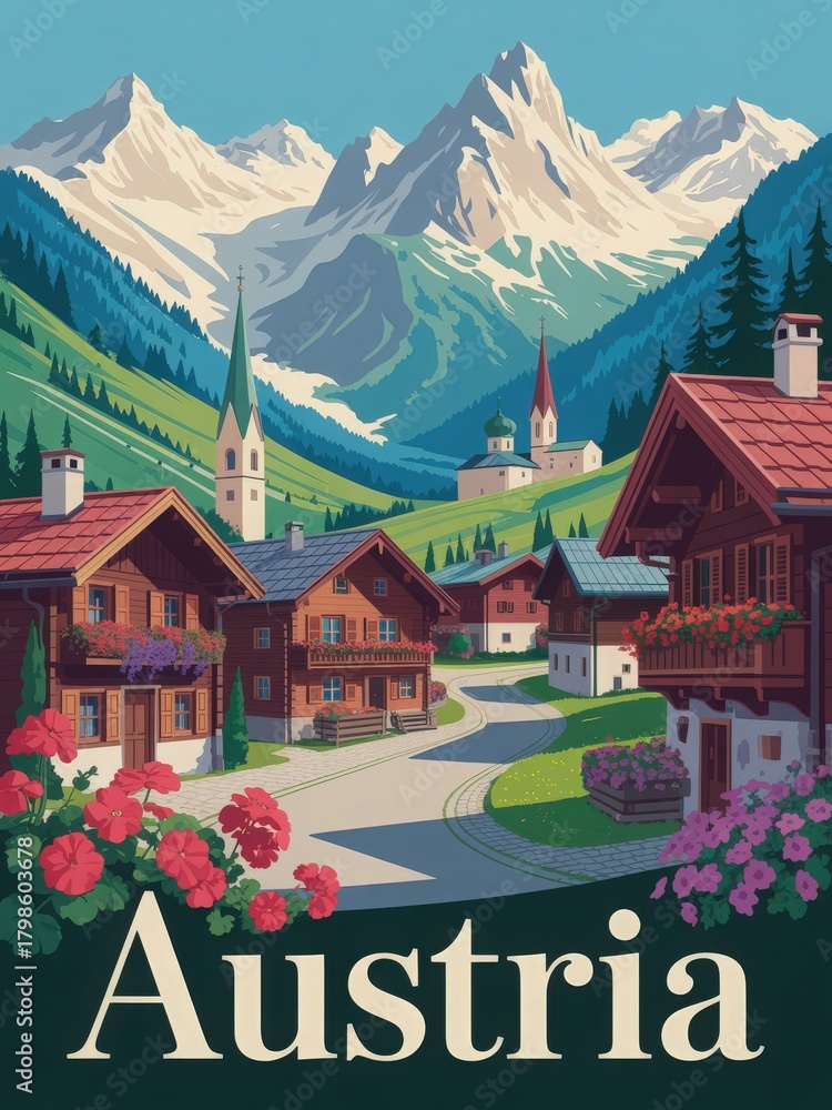 Charming village scene in Austria showcases traditional wooden houses surrounded by lush green hills and snow-capped mountains. Bright flowers add color to the serene landscape during a sunny day.