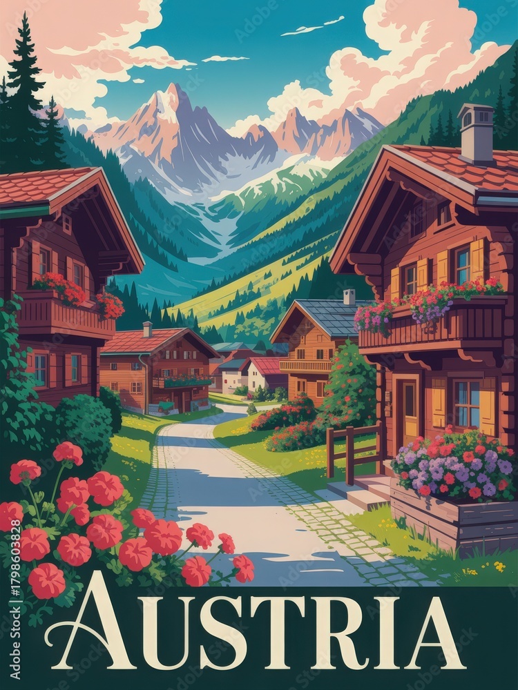 A serene village in Austria features traditional wooden houses surrounded by mountains. Vibrant flowers line the pathway, creating a peaceful atmosphere with stunning natural views.
