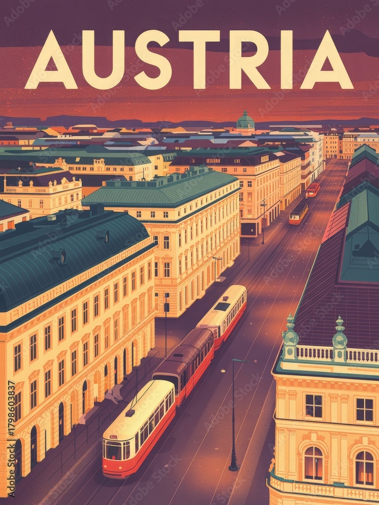 Warm sunset light bathes elegant buildings lining the streets of Austria, while a tram travels smoothly down the road, offering a peaceful urban scene showcasing architecture and life.
