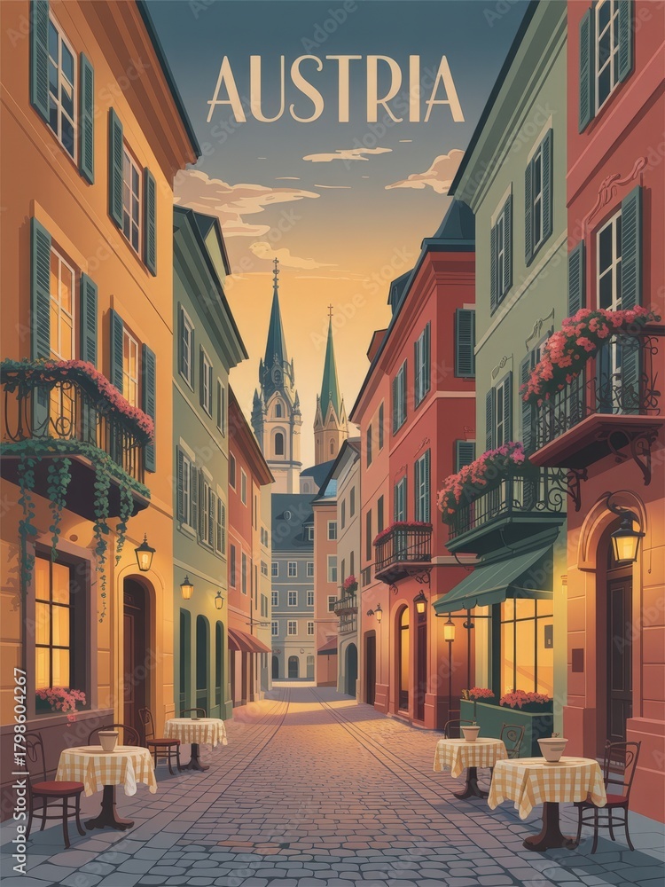 Colorful buildings line a quiet street in Austria, featuring inviting cafes with checkered tablecloths. The scene captures a serene sunset, highlighting church spires in the background.