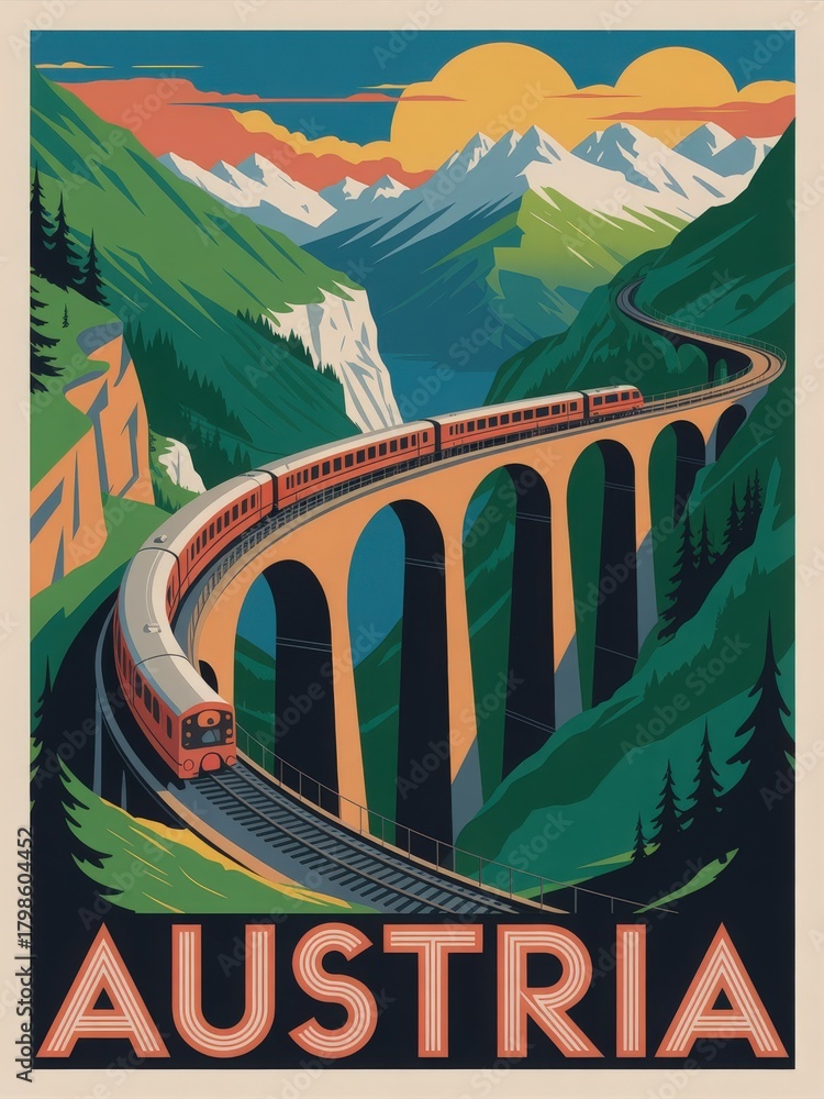 A vibrant scene captures a train winding across a tall viaduct in the Austrian mountains. Below, lush greenery meets rocky cliffs as the sun sets behind majestic peaks, creating a breathtaking view.